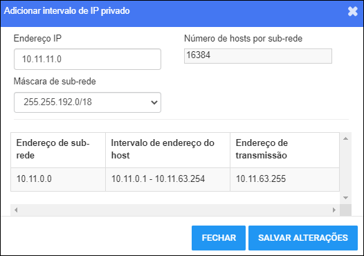 Add Private IP Range Window - With Data Janela Adicionar faixa de IP privado — com dados
