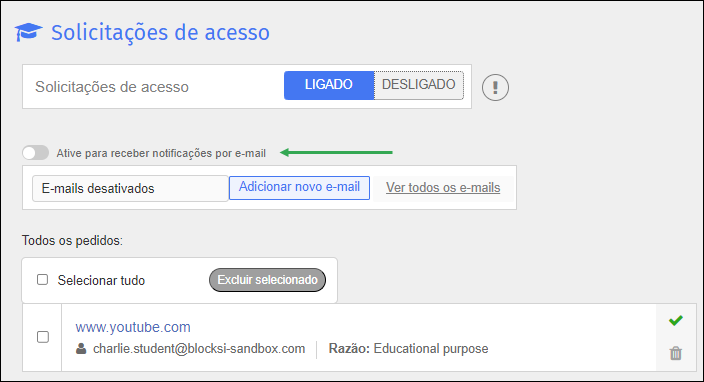 Access Requests Screen - Set Email Notification Tela Solicitações de acesso — definir notificação por e-mail