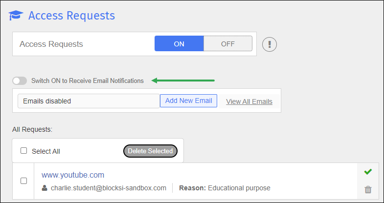 Access Requests Screen - Set Email Notification