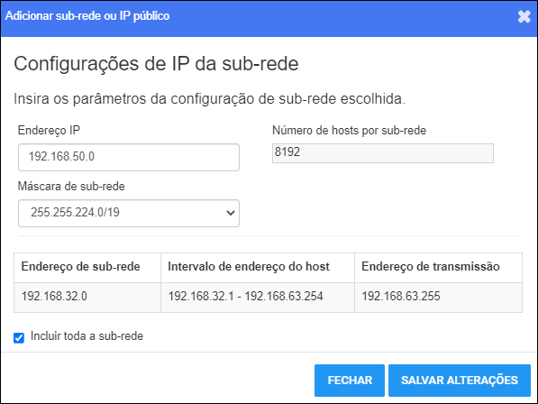 Adicionar sub-rede ou janela de IP público - com dados