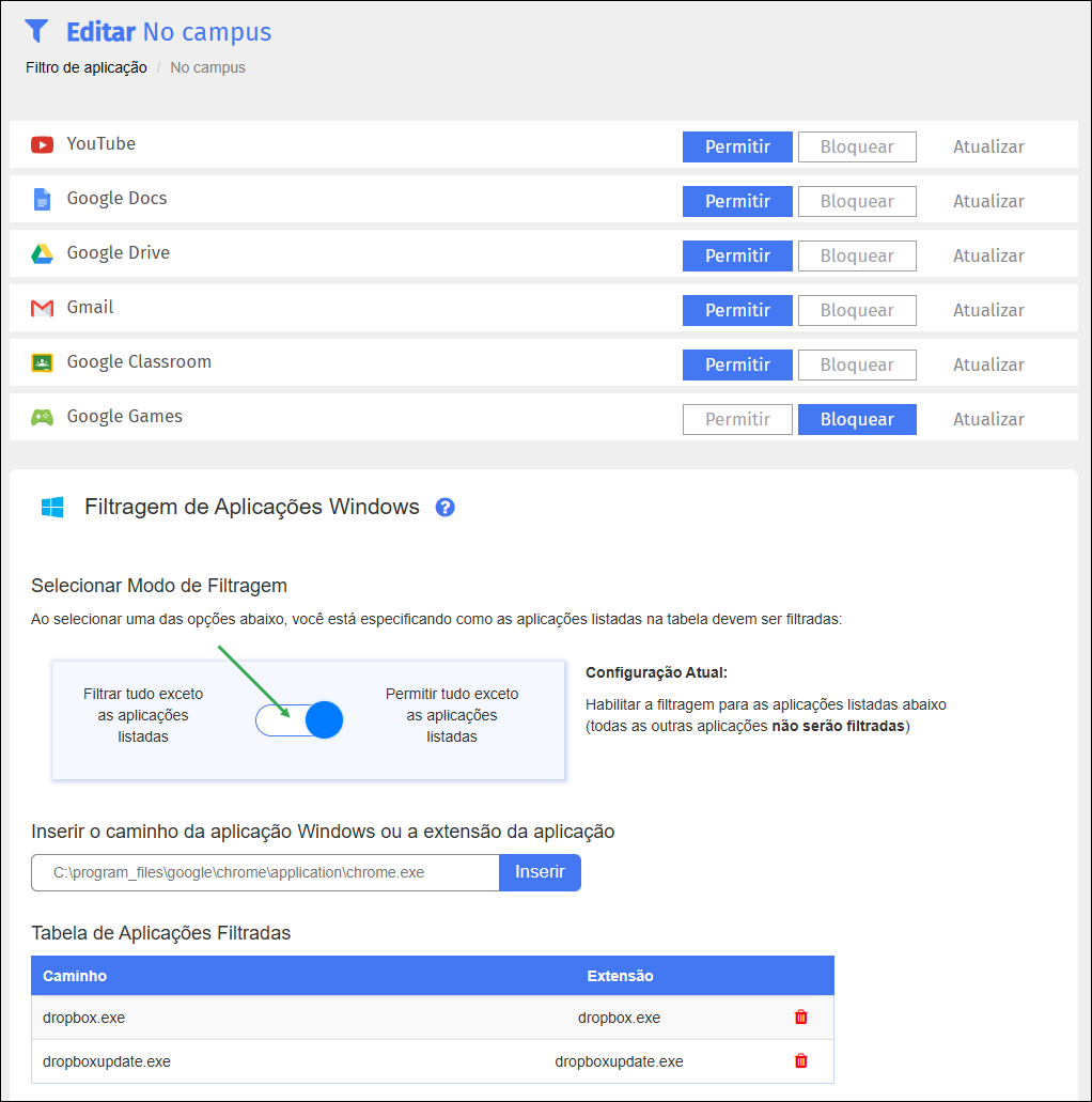 Tela de edição do filtro de aplicativo - Caminho do Windows