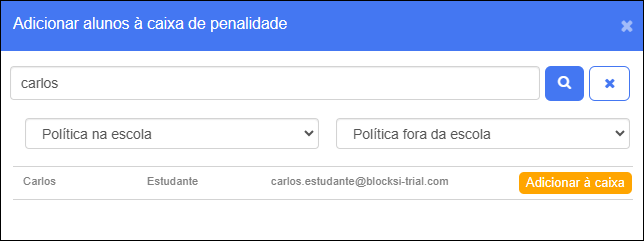 Adicionar alunos à janela da caixa de penalidades - Selecionar políticas