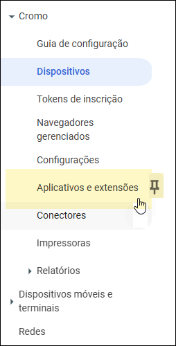 Google Admin Console - Selecionar aplicativos e extensões