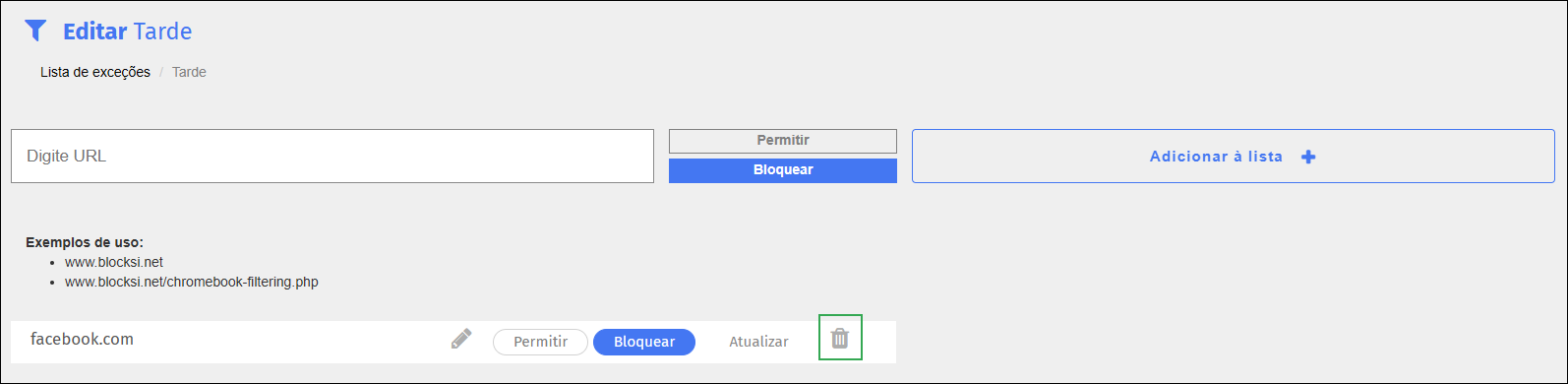 Tela de edição da lista de exceções - Ícone de exclusão