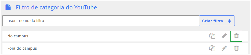 Tela de filtro de categoria do YouTube - Ícone de exclusão