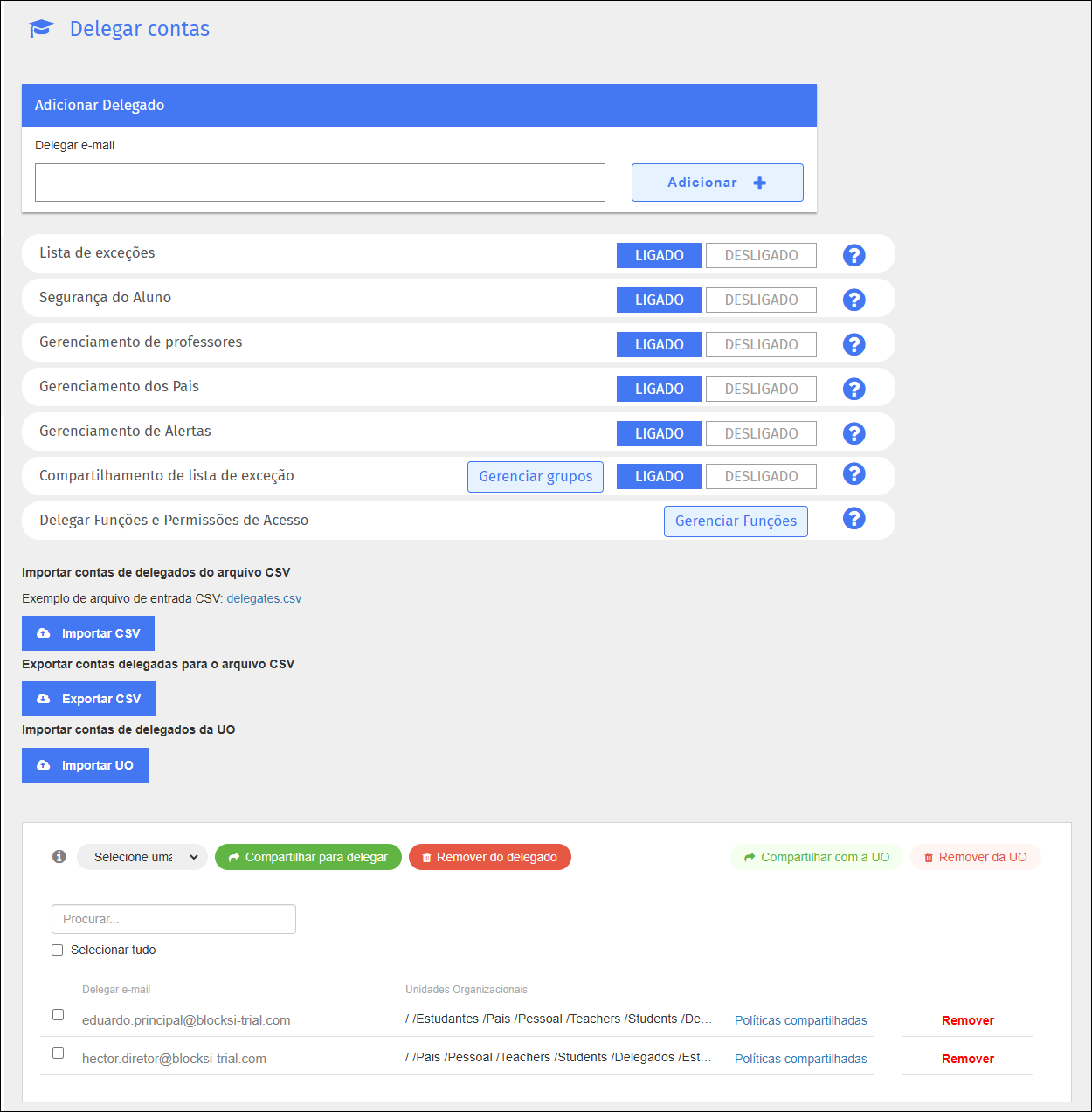 Tela de contas delegadas