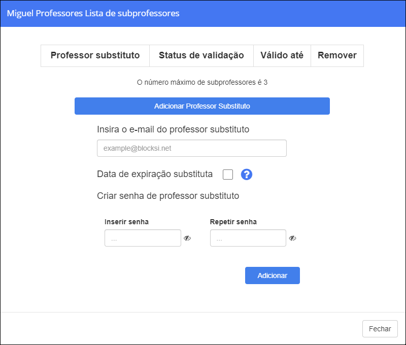 Adicionar janela de professor substituto - Adicionar professor