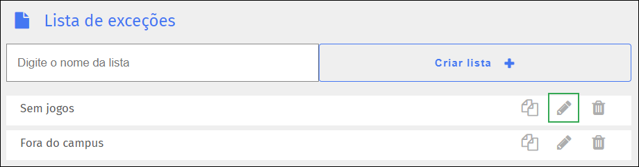Tela de lista de exceções - Ícone de edição