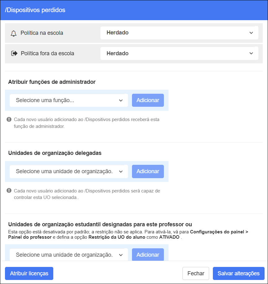 Tela da unidade organizacional do Google Workspace - Atribuir licenças