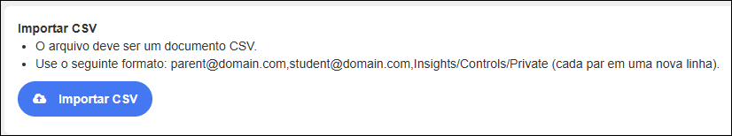 Tela de configurações da conta dos pais - Importar CSV