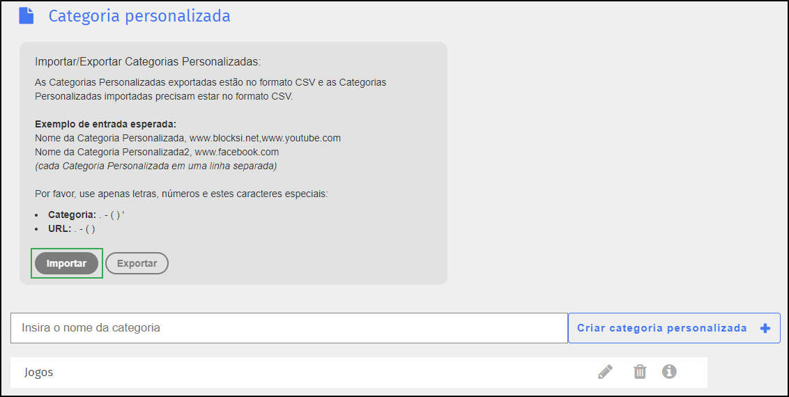 Tela de categoria personalizada - Botão Importar