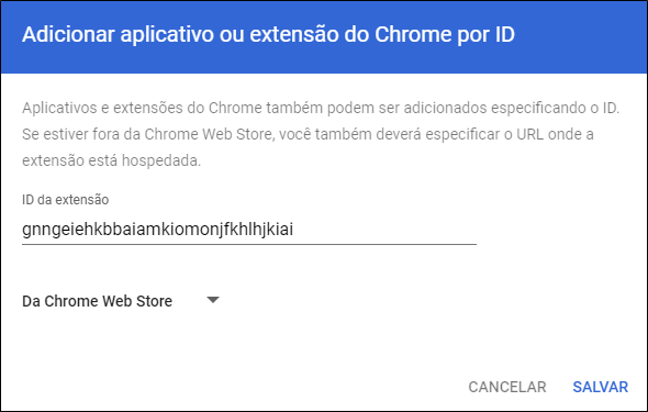 Console de administração do Google - Adicionar aplicativo ou extensão do Chrome pela janela de ID