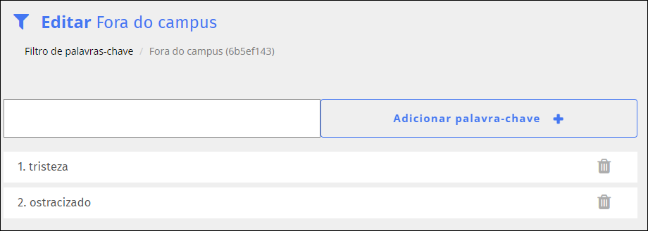 Tela de edição do filtro de palavras-chave