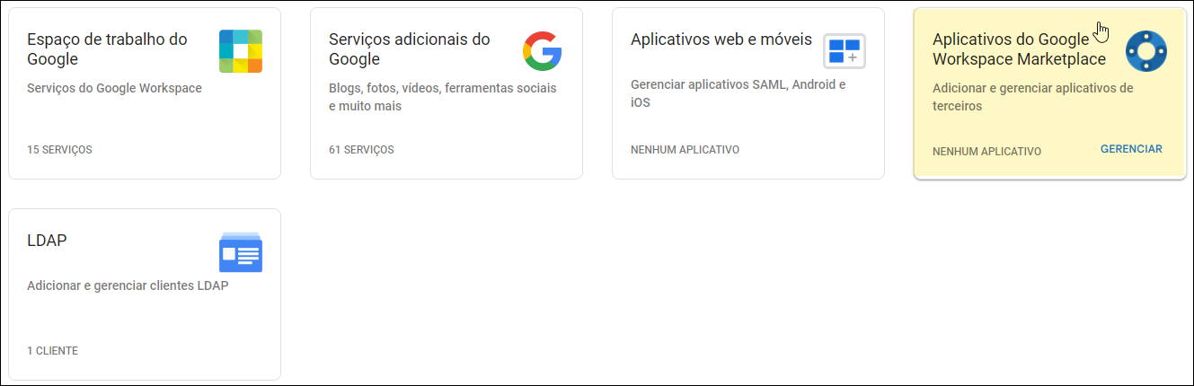 Google Admin Console - Selecionar aplicativos do Workspace