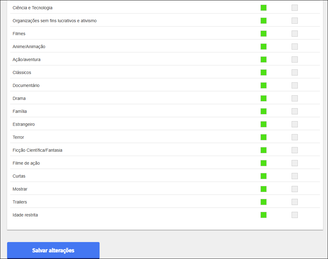 Tela de edição do filtro de categoria do YouTube - Parte dois