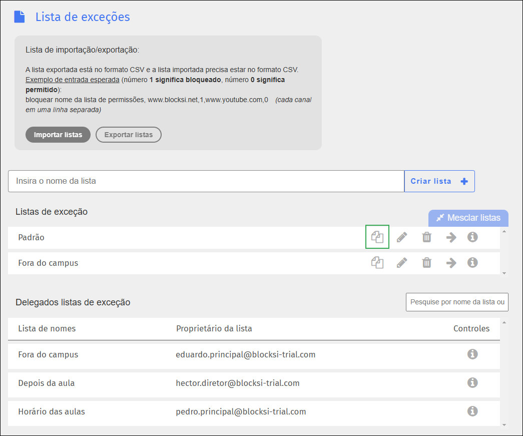 Tela de lista de exceções - Ícone duplicado