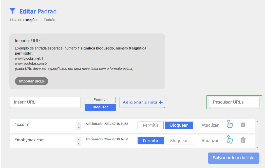 Tela de edição da lista de exceções - Campo de URLs de pesquisa