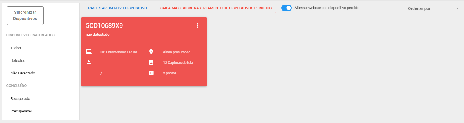 Tela de dispositivos perdidos e recuperados