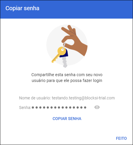 Console de administração do Google - Janela Copiar senha