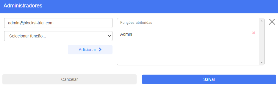 Tela Administradores e Funções - Editar Campos de Administrador