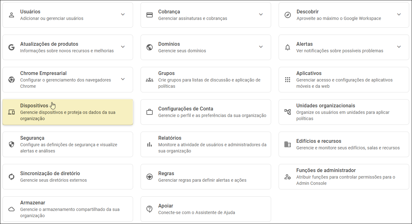 Console de administração do Google - Selecionar dispositivos