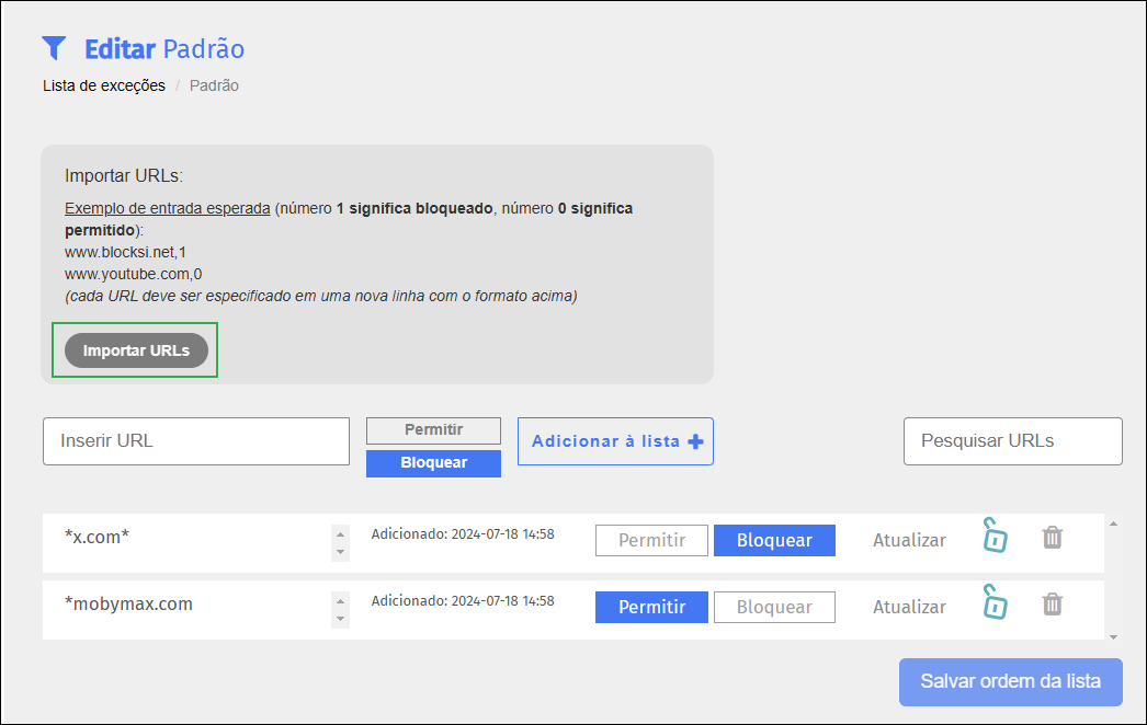 Tela de edição da lista de exceções - Botão Importar URLs