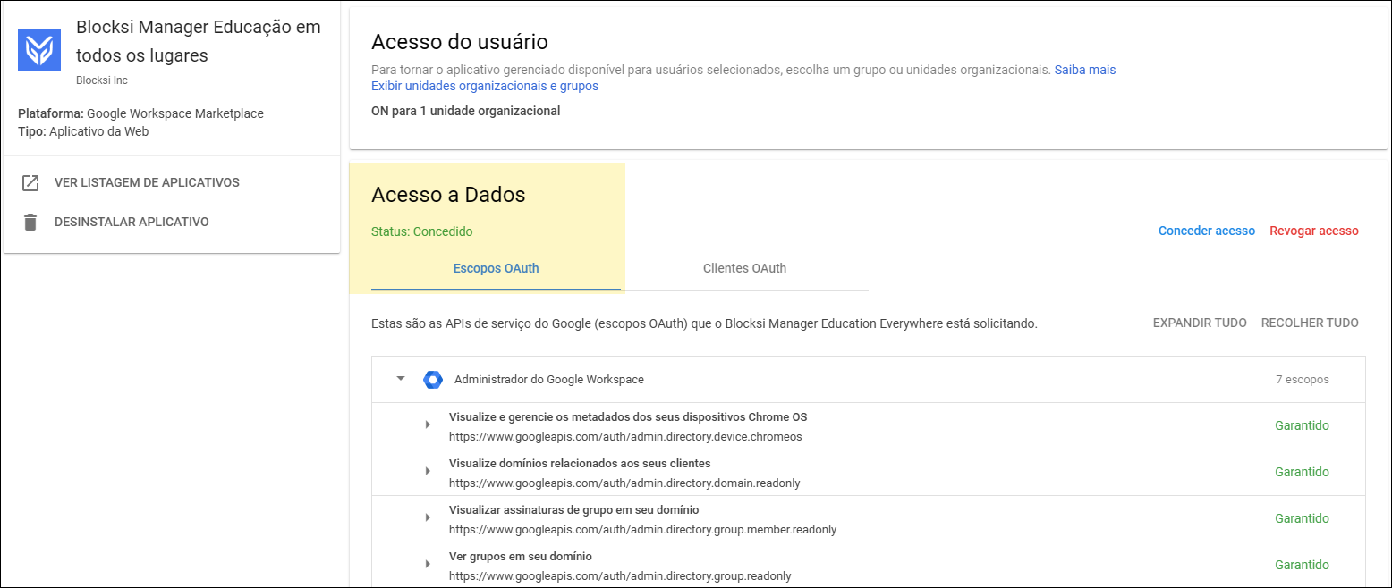 Acesso a dados para o aplicativo Blocksi