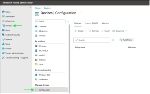 Janela de configuração de dispositivos