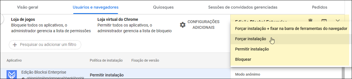 Google Admin Console - Forçar instalação