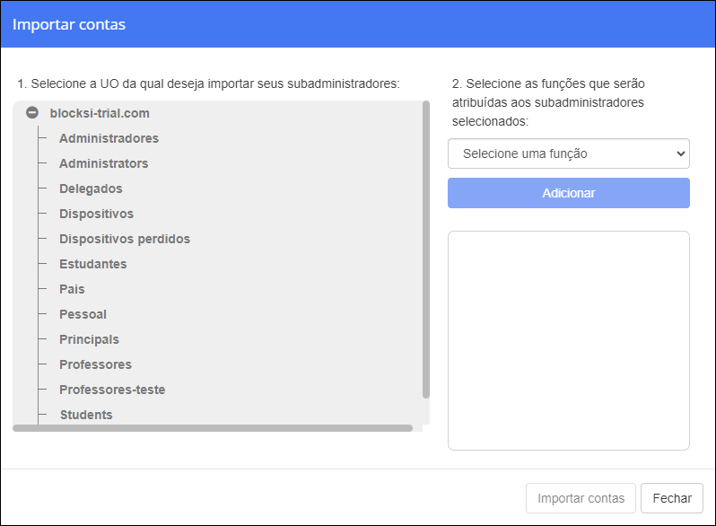 Importação de administrador e funções da janela UO