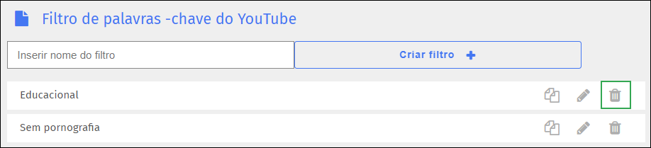 Tela de filtro de palavras-chave do YouTube - Ícone de exclusão