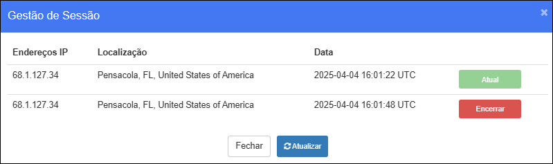 Janela de gerenciamento de sessão