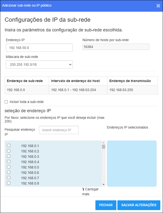 Adicionar campos de janela de sub-rede ou IP público