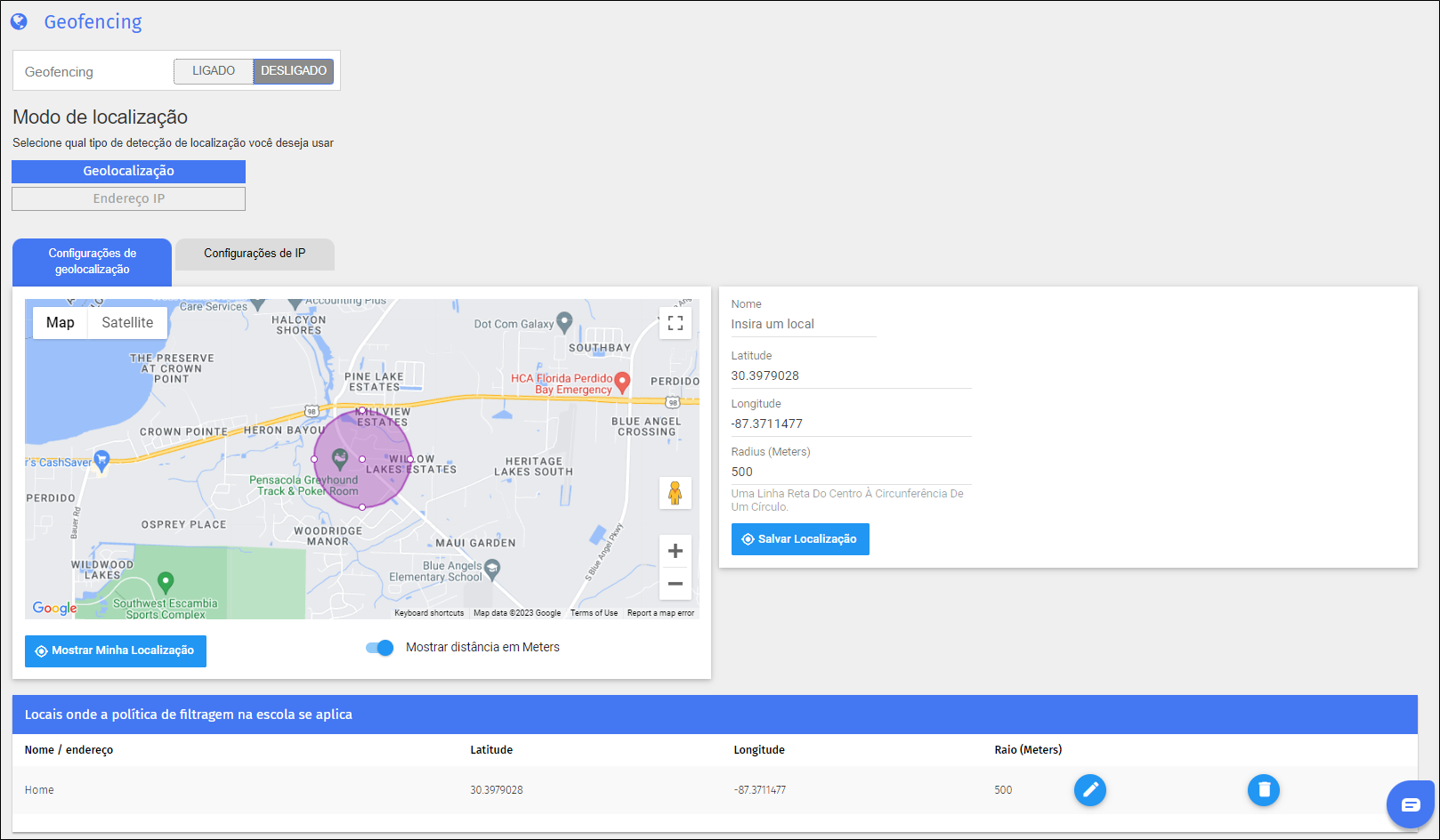 Tela de Geofencing