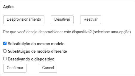 Janela de detalhes do dispositivo - Motivo do desprovisionamento