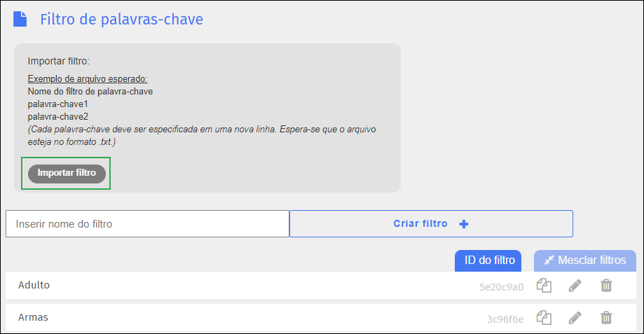 Tela de filtro de palavras-chave - Botão Importar
