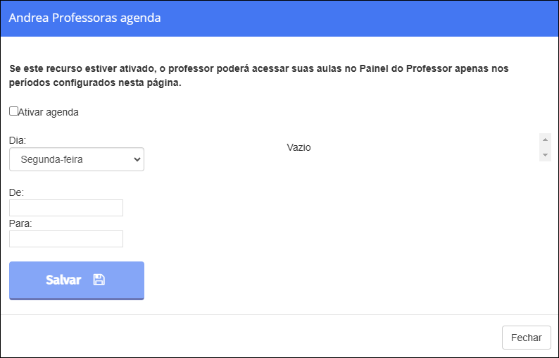 Definir janela de programação do professor