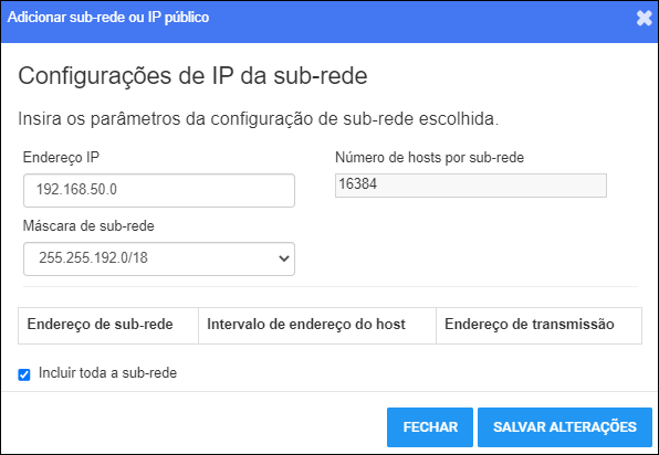 Adicionar sub-rede ou janela de IP público