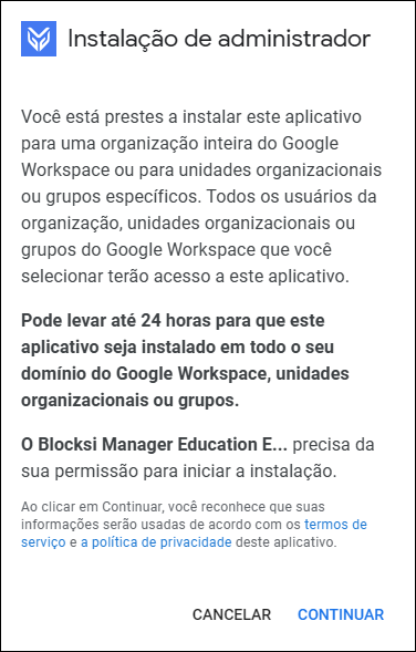 Google Workspace Marketplace - Continuar instalação do administrador