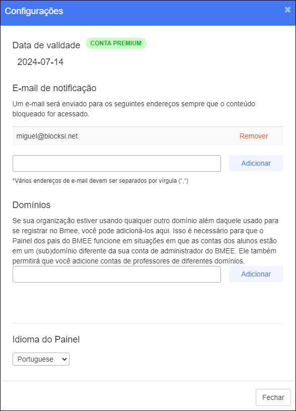 Janela de configurações do painel de administração - Notificação por e-mail selecionada