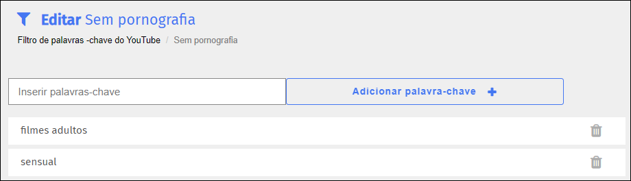 Tela de edição do filtro de palavras-chave do YouTube