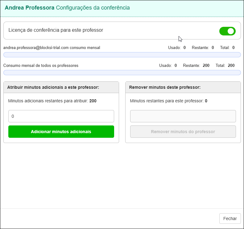 Configurações de conferência de professores - Adicionar/remover minutos da janela individual do professor