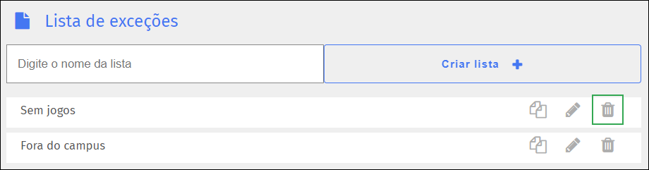 Tela de lista de exceções - Ícone de exclusão