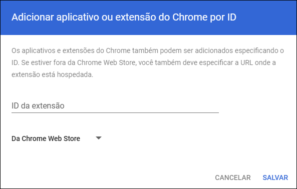 Console de administração do Google - Adicionar aplicativo ou extensão do Chrome pela janela de ID