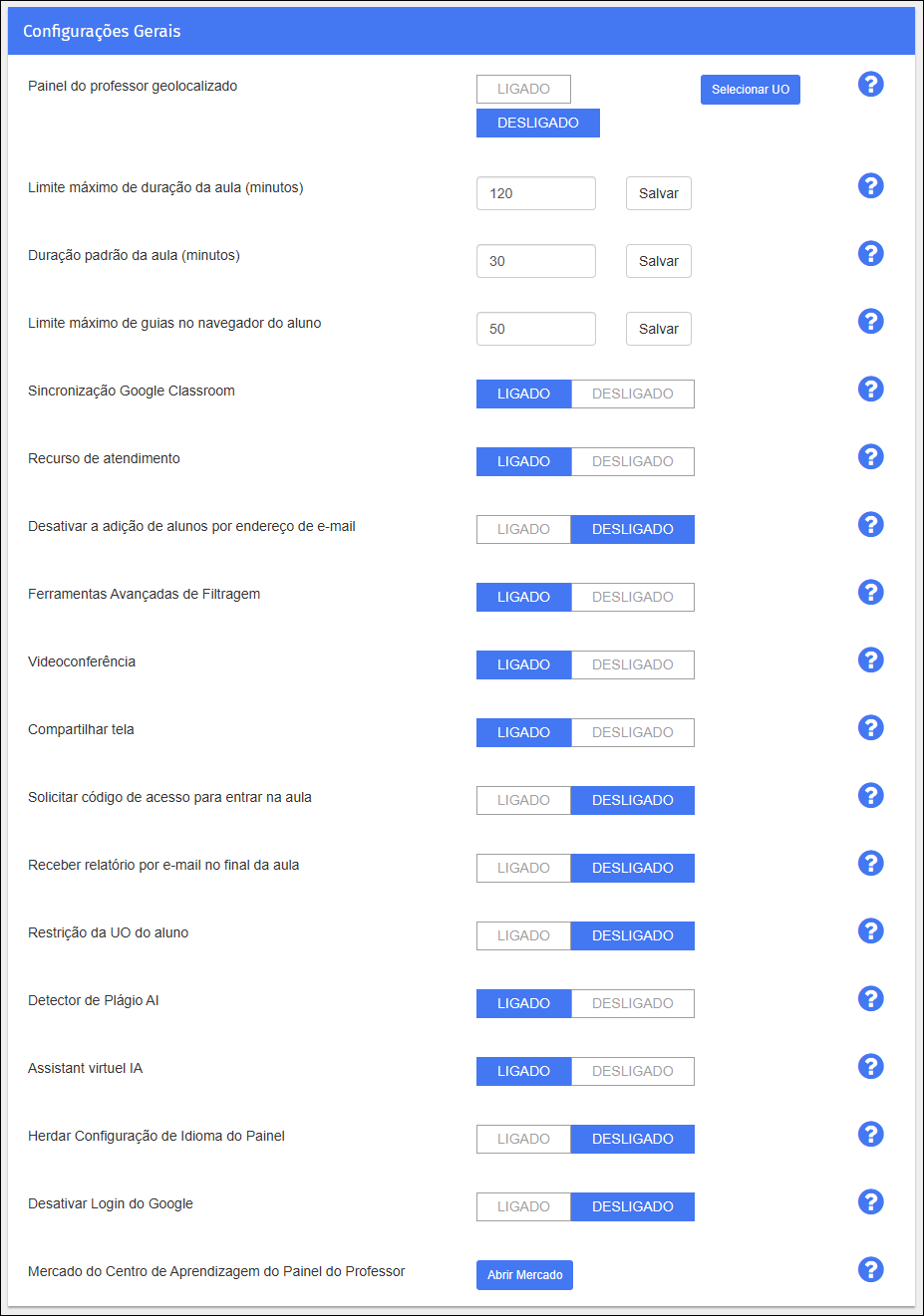 Configurações do professor