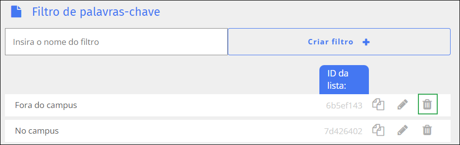 Tela de filtro de palavras-chave - Excluir ícone