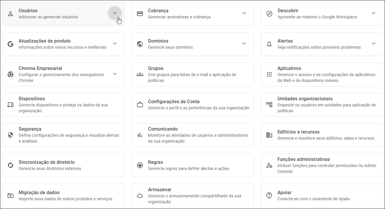 Google Admin Console - Seta para baixo da seção Usuários