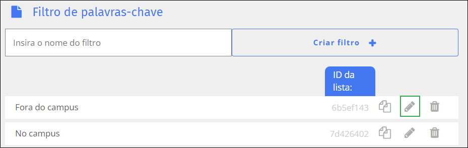 Tela de filtro de palavras-chave - Ícone de edição