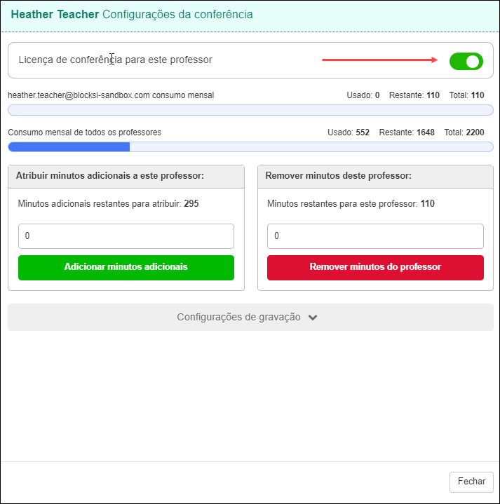 Configurações da conferência de professores - Remover licença da janela individual do professor