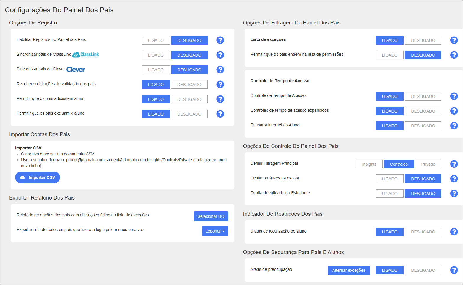 Configurações do painel dos pais